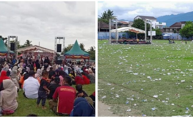 Usai Jalan Santai HUT Abdya, Sampah Penuhi di Lapangan Persada dan Jalanan Kota Blangpidie