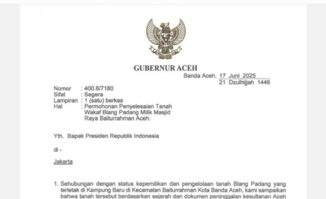 20 Tahun Dikuasai TNI, Gubernur Aceh Tuntut Blang Padang Dikembalikan ke Nazir Wakaf Masjid Raya Baiturrahman