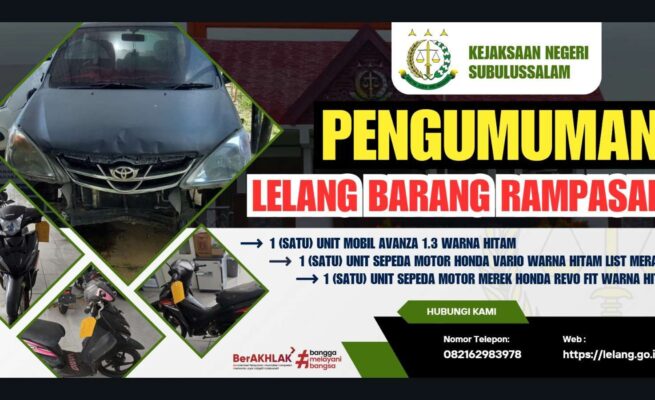 Kejari Subulussalam Lelang Barang Rampasan, Ada Avanza hingga Sepeda Motor
