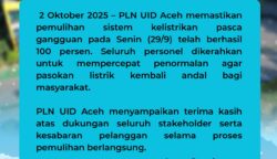 PLN Berhasil Pulihkan Seluruh Sistem Kelistrikan Pascagangguan di Aceh