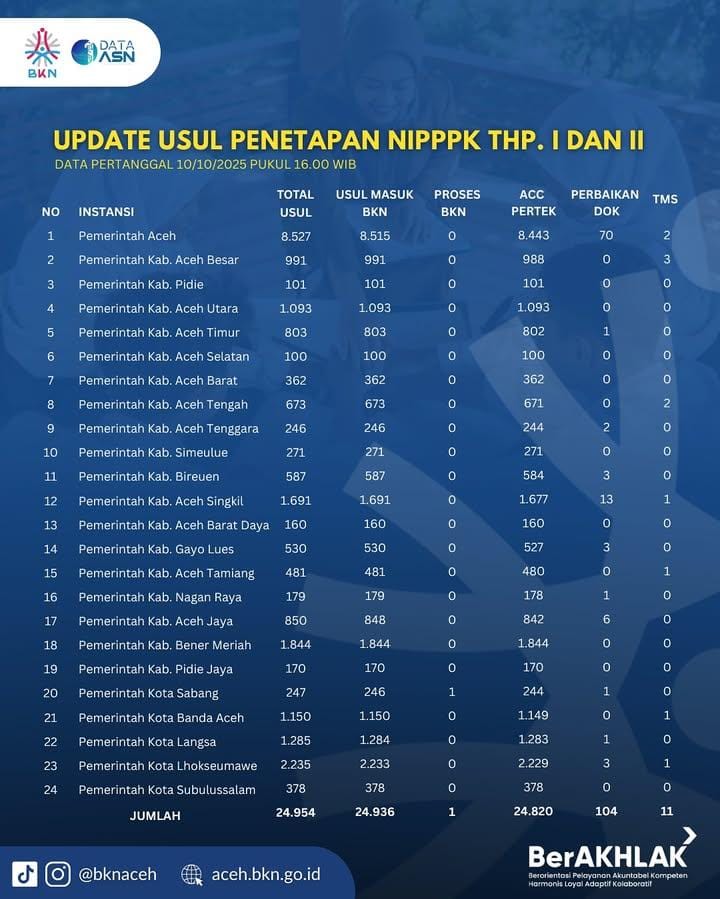 Data Terbaru NIPPPK: 24.936 Usulan dari 24 Instansi di Aceh Sudah Diproses BKN