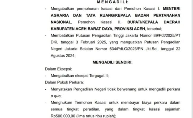 MA Kabulkan Kasasi, Pemkab Abdya Menang Lawan Gugatan PT CA