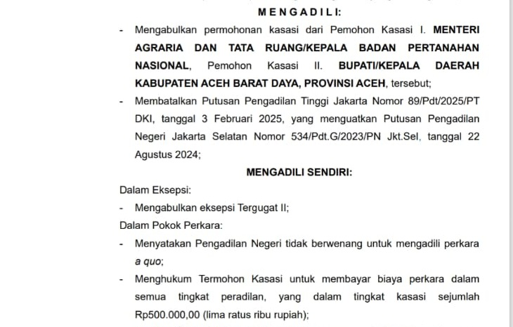 MA Kabulkan Kasasi, Pemkab Abdya Menang Lawan Gugatan PT CA