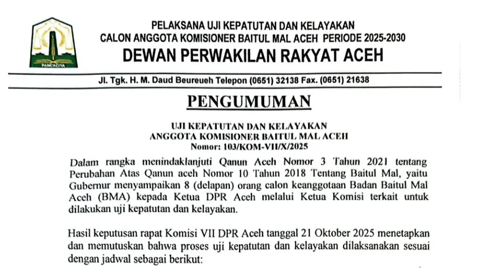 Delapan Calon Anggota Baitul Mal Aceh Akan Jalani Fit and Proper Test di Komisi VII DPRA