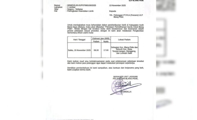 PLN Blangpidie Umumkan Pemadaman Listrik Sementara Akibat Pemeliharaan Gardu Induk