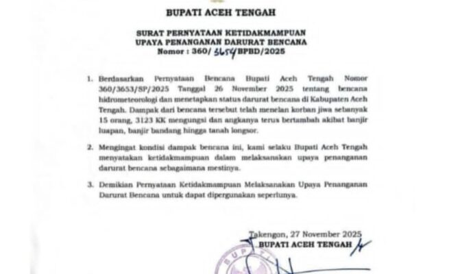 Bupati Aceh Tengah Angkat Bendera Putih, Akui Tak Mampu Tangani Darurat Bencana