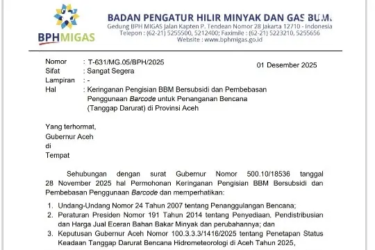BPH Migas Kabulkan Permohonan Gubernur Mualem, Aturan Barcode BBM Dihapus Sementara