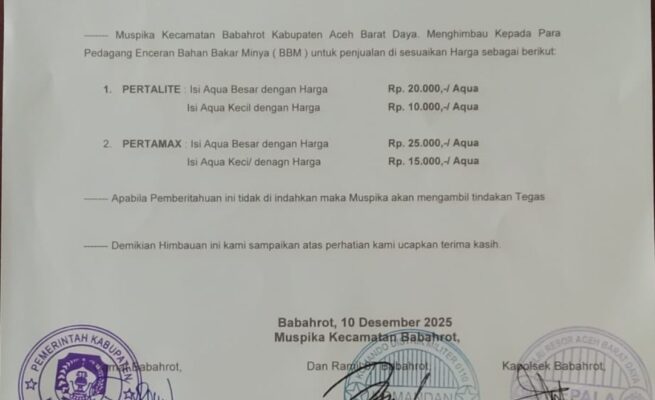 Muspika Babahrot Tetapkan Harga BBM Eceran, Pertalite Rp20 Ribu per Botol Besar, Kecil Rp10 Ribu