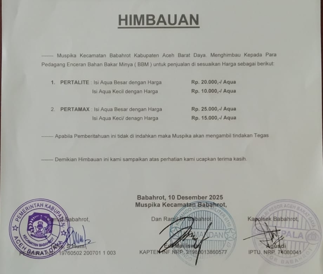 Muspika Babahrot Tetapkan Harga BBM Eceran, Pertalite Rp20 Ribu per Botol Besar, Kecil Rp10 Ribu